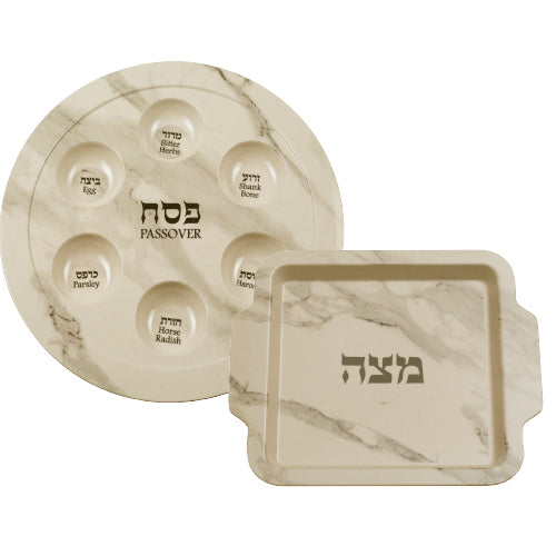 סט קערת פסח ומצה במבוק דמוי שיש לבן