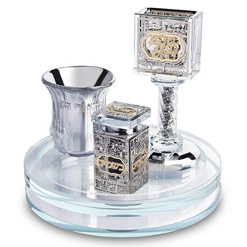 סט הבדלה קריסטל שקוף עם פלקטה מגש מסתובב 20סמ