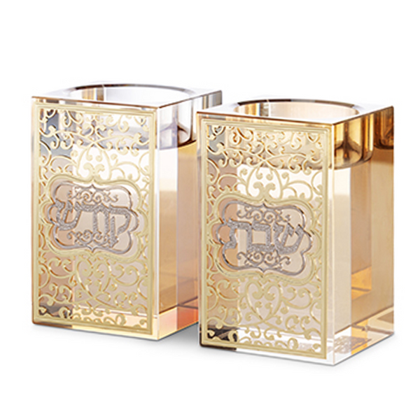 זוג פמוטים שבת קודש קריסטל עם פלקטה זהב