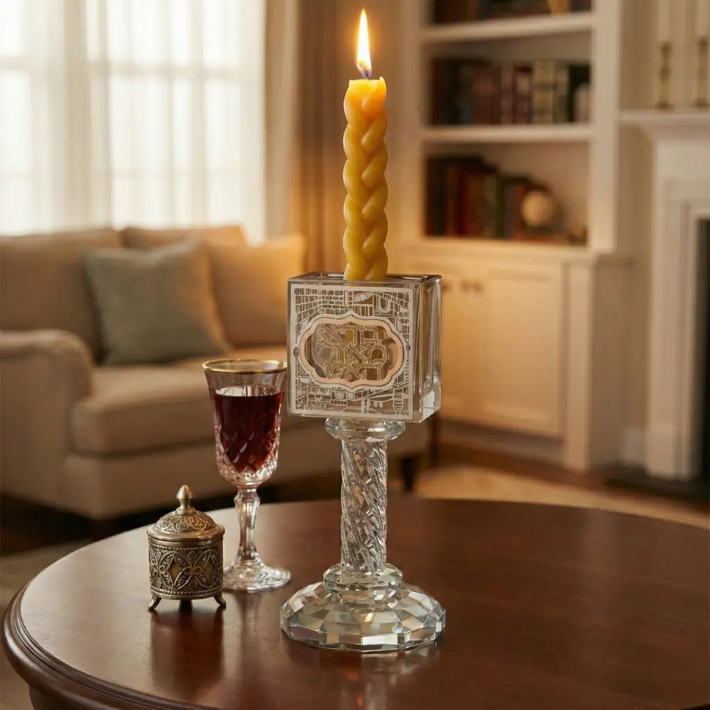 כלי לנר הבדלה מקריסטל עם פלקטה "ירושלים" 13 ס"מ