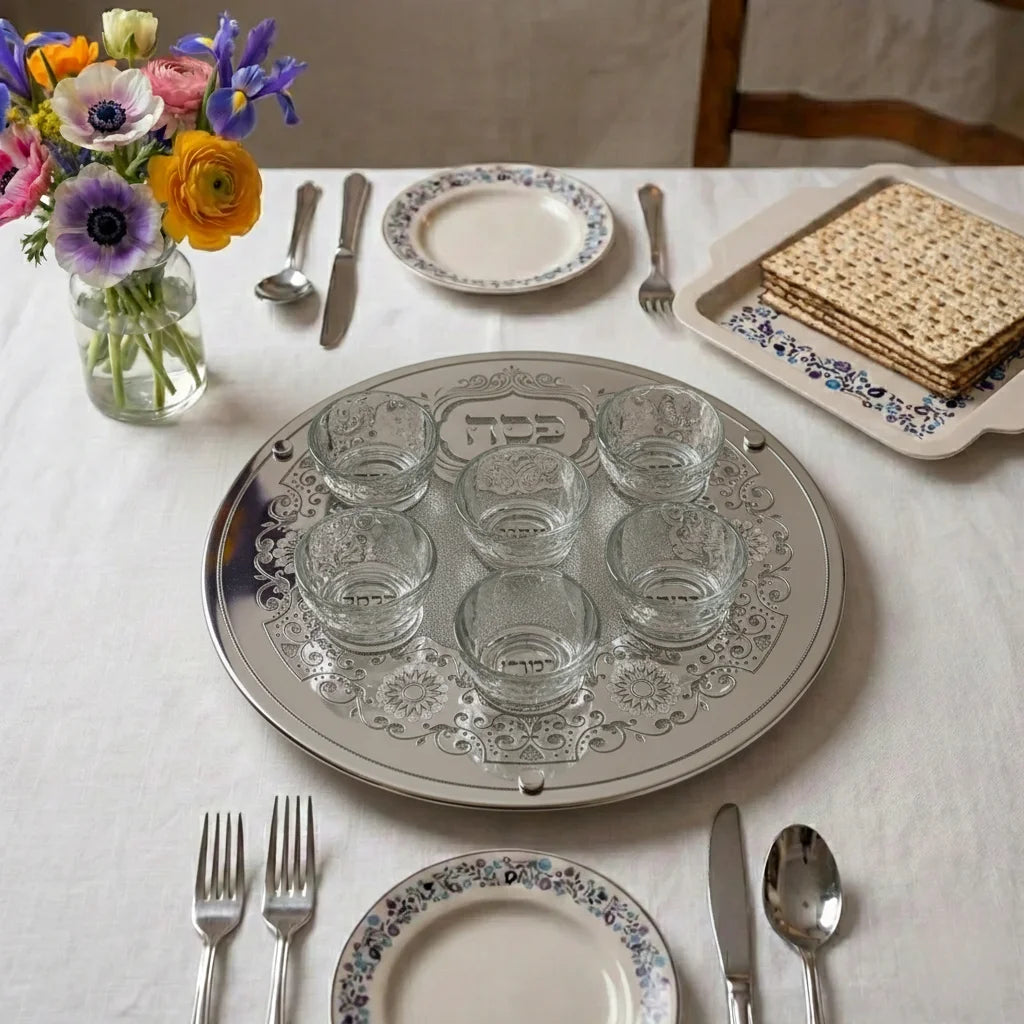 קערת פסח זכוכית מהודר עם 6 בומצים 36 ס"מ