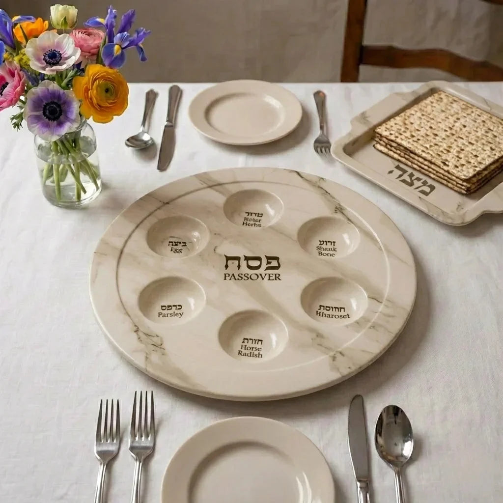 סט קערת פסח ומצה במבוק דמוי שיש לבן