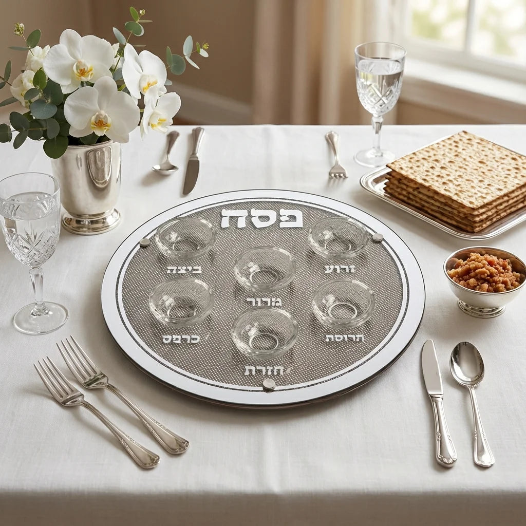 קערת פסח זכוכית מהודר עם 6 בומצים ואבנים 36 ס"מ