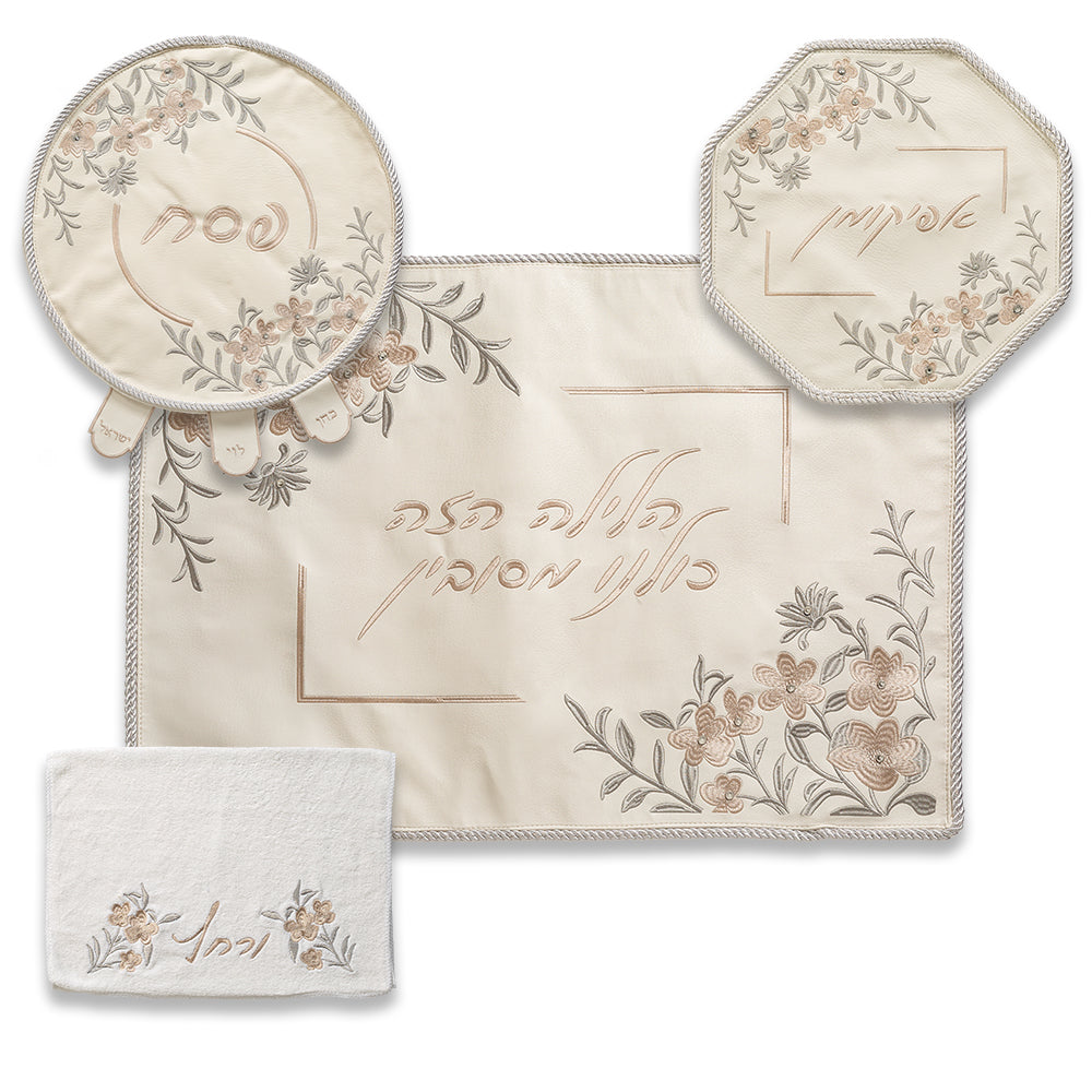 סט פסח 4 חלקים פיו לבן עם רקמה ואבנים