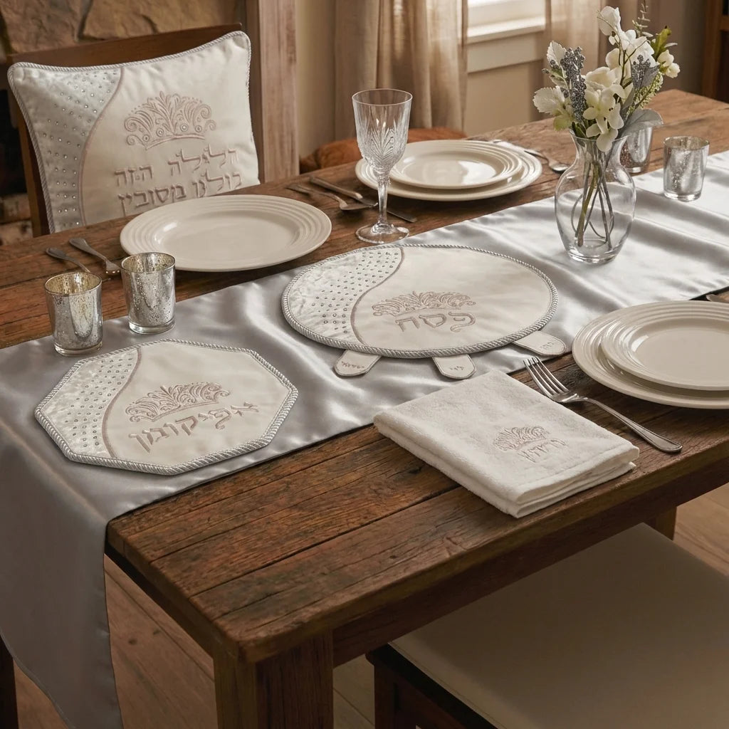 סט פסח מפואר 4 חלקים כיסוי פסח+אפיקומן+הסבה ומגבת אריזת פיויסי