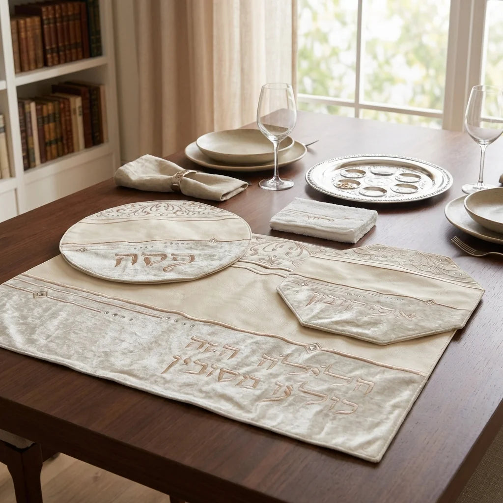 סט פסח מפואר 4 חלקים כיסוי פסח+אפיקומן+הסבה ומגבת אריזת פיויסי