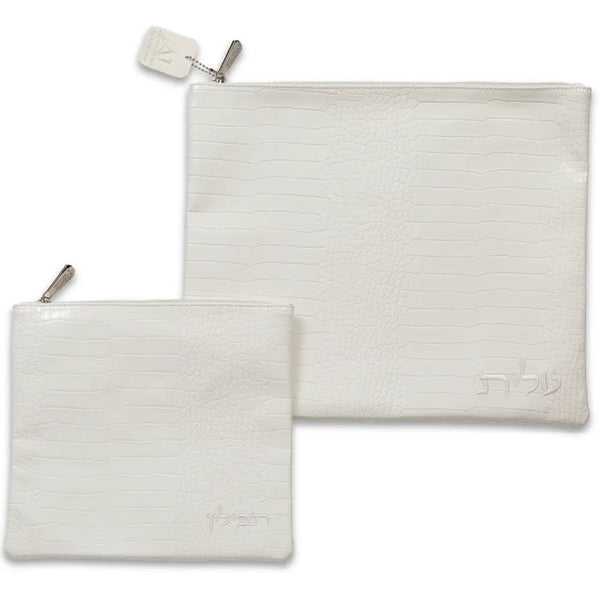 סט טלית תפילין דמוי עור לבן עם ריקמה 39X31 ס"מ