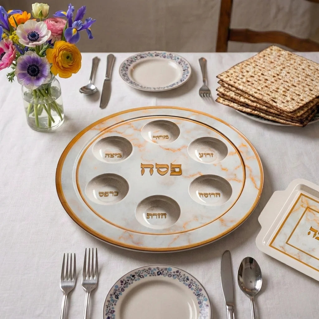 סט קערת פסח ומצה במבוק דמוי שיש זהב
