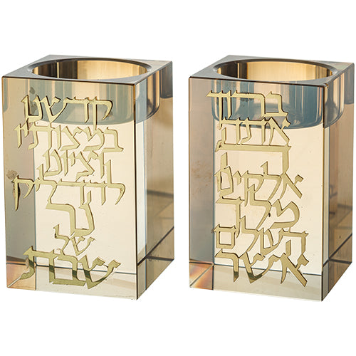 זוג פמוטי קריסטל מרובע עם פלקטה "הדלקת נרות" 8 ס"מ