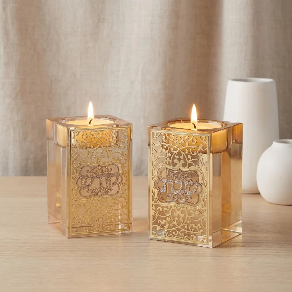 זוג פמוטים שבת קודש קריסטל עם פלקטה זהב