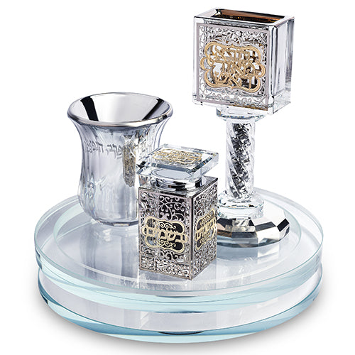סט הבדלה קריסטל שקוף עם פלקטה מגש מסתובב 20סמ