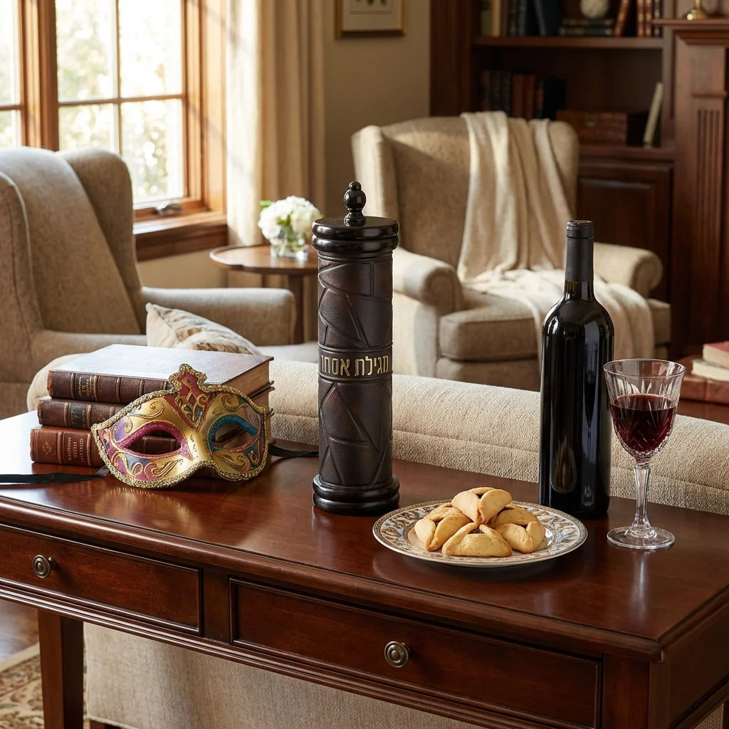 מגילת אסתר ספרדי קוטר 9 ס"מ עץ + פיו קווים עם פלקטה 31 ס"מ