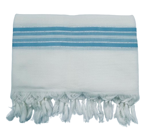 טלית מהודרת מצמר רחלים 100% בדוגמת תשבץ בצבע תכלת